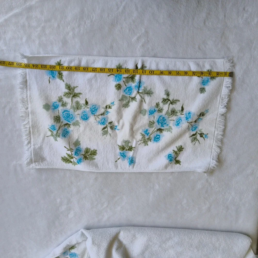 7 Vtg Martex Terri-Down Towel Set West Point Pepperell Blue Floral Fringe MCM